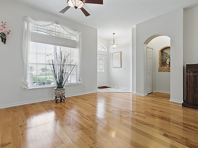spare room with a ceiling fan, arched walkways, healthy amount of natural light, and light wood-style floors