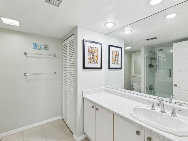full bath with a closet, toilet, a shower stall, tile patterned flooring, and recessed lighting