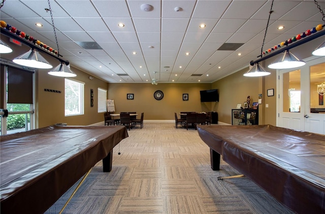 rec room featuring billiards table, carpet floors, recessed lighting, and baseboards