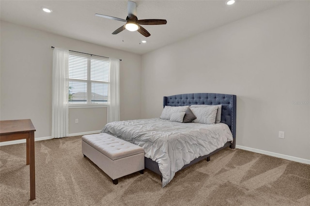 bedroom featuring carpet floors, baseboards, recessed lighting, and a ceiling fan