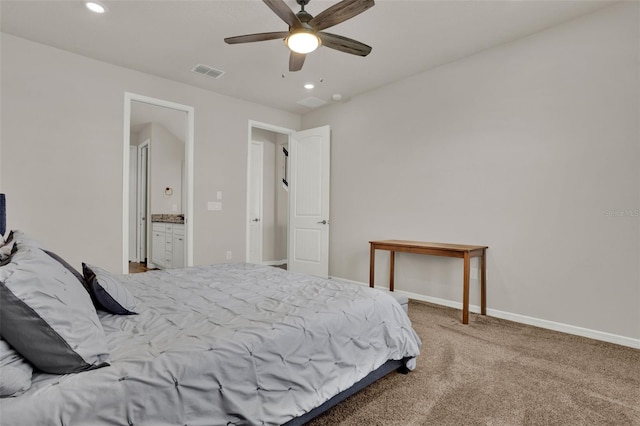 carpeted bedroom featuring recessed lighting, baseboards, and a ceiling fan