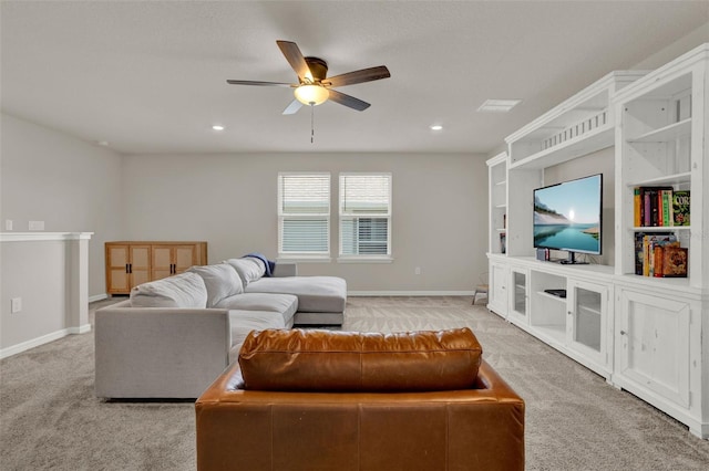 living room with a ceiling fan, carpet floors, baseboards, and recessed lighting