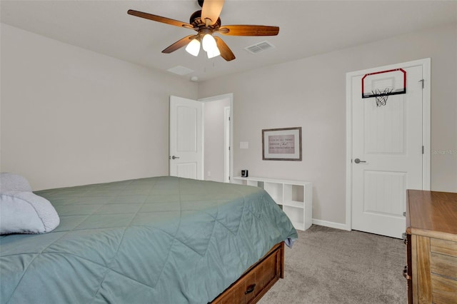 bedroom featuring light carpet, a ceiling fan, and baseboards