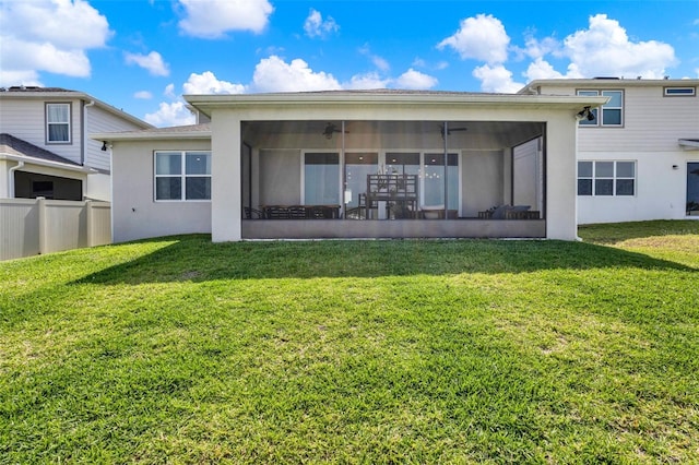 rear view of property with a sunroom, stucco siding, and ceiling fan