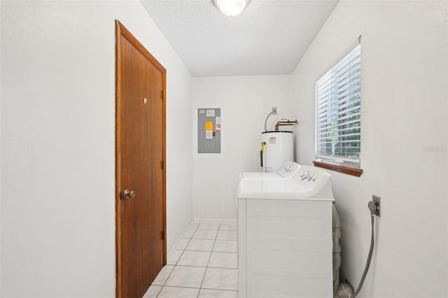 11214 SW 77th Ct, Ocala, FL 34476 - laundry area with water heater, electric panel, washer and dryer, light tile patterned floors, and a textured ceiling