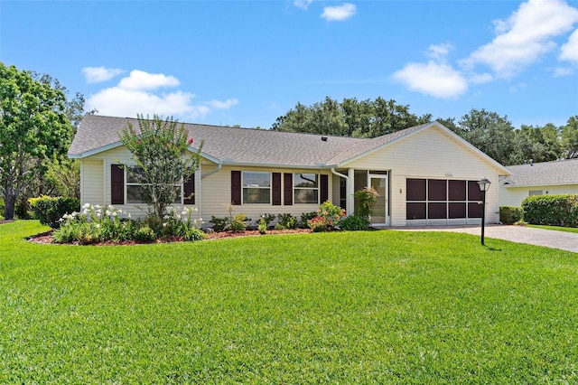 26608 Racquet Cir, Leesburg, FL 34748 - ranch-style house with driveway, an attached garage, a front yard, and roof with shingles