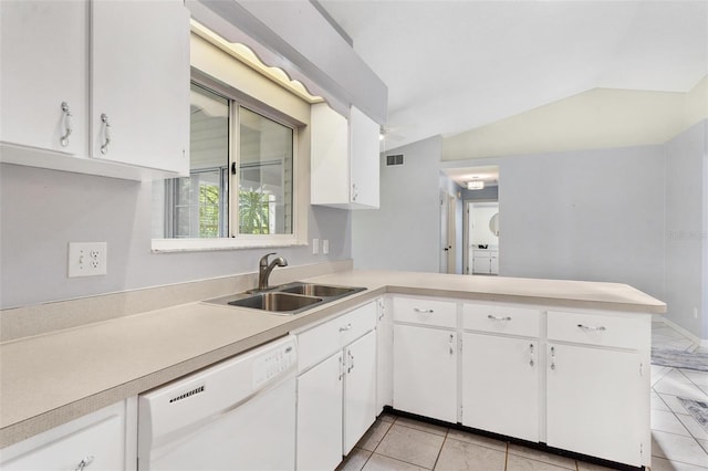 26608 Racquet Cir, Leesburg, FL 34748 - kitchen with a sink, dishwasher, light countertops, a peninsula, and white cabinetry