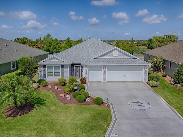 3136 Vandenberg Ct, The Villages, FL 32163 - ranch-style house featuring driveway, an attached garage, a front yard, and a shingled roof
