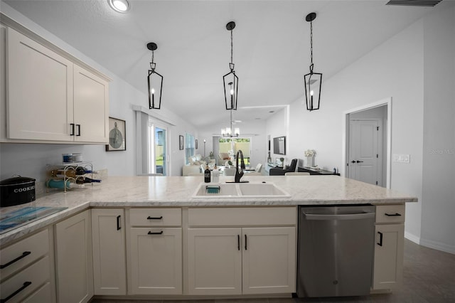 4451 Elijah Loop, The Villages, FL 32163 - kitchen featuring dishwasher, a sink, vaulted ceiling, a peninsula, and light stone countertops