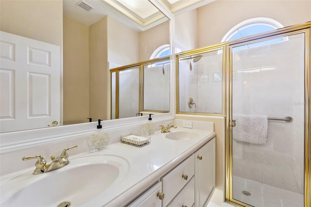 34021 Park Ln, Leesburg, FL 34788 - full bathroom featuring a stall shower and double vanity