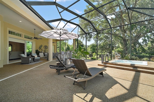2204 Baypoint Way, The Villages, FL 32162 - view of patio with an outdoor living space, an outdoor hot tub, ceiling fan, and a lanai