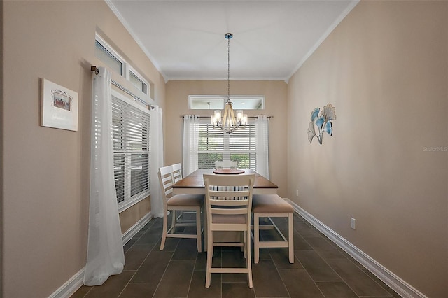 6243 Danielson Loop, The Villages, FL 32163 - dining area with a chandelier, baseboards, dark tile patterned floors, and ornamental molding