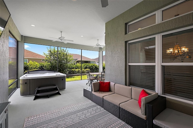 6243 Danielson Loop, The Villages, FL 32163 - view of patio / terrace with a hot tub, ceiling fan, and outdoor lounge area