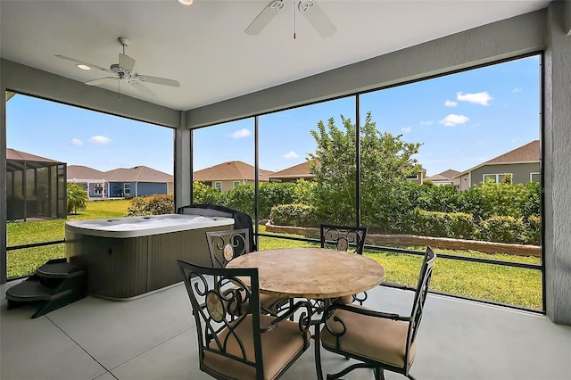 6243 Danielson Loop, The Villages, FL 32163 - sunroom with a ceiling fan, a hot tub, and a residential view