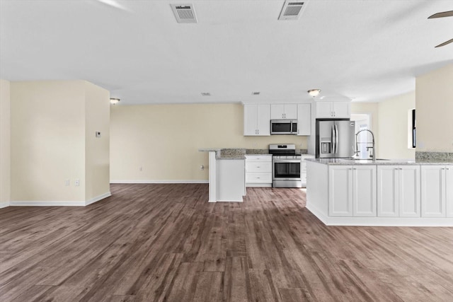 10655 N Party Ave, Dunnellon, FL 34433 - kitchen featuring stainless steel appliances, open floor plan, a peninsula, a sink, and dark wood-style flooring