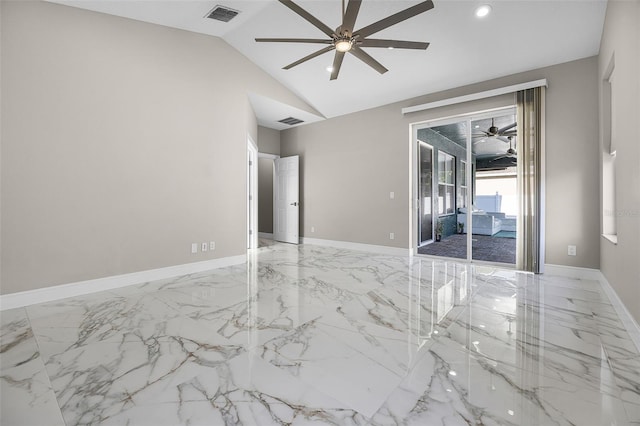 empty room featuring ceiling fan, light marble finish flooring, vaulted ceiling, recessed lighting, and baseboards