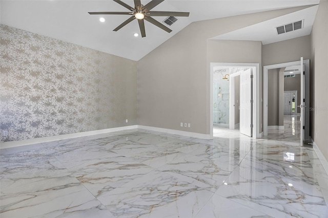 empty room featuring a ceiling fan, marble tiled floors, baseboards, recessed lighting, and lofted ceiling