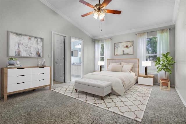 8527 Firestone Cir, Clermont, FL 34711 - bedroom with lofted ceiling, multiple windows, light colored carpet, ornamental molding, and baseboards