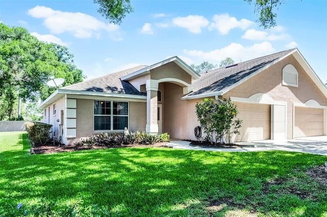 8527 Firestone Cir, Clermont, FL 34711 - ranch-style house with stucco siding, roof with shingles, a front yard, concrete driveway, and a garage