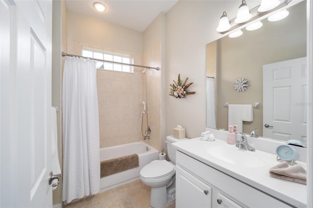 full bath with toilet, vanity, shower / tub combo, and tile patterned flooring