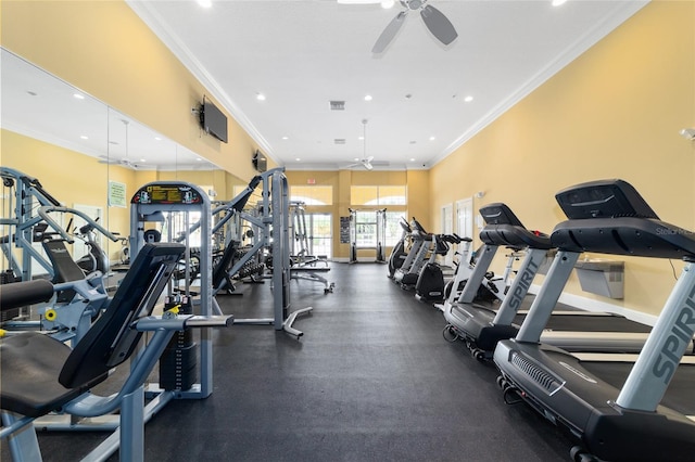 workout area with ceiling fan, recessed lighting, and ornamental molding