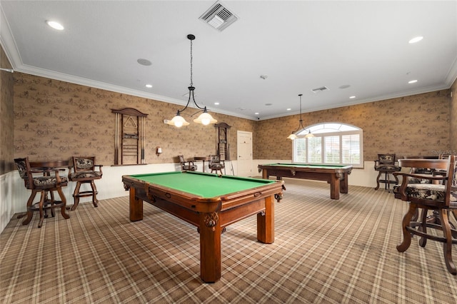 game room featuring wallpapered walls, billiards table, carpet floors, recessed lighting, and crown molding
