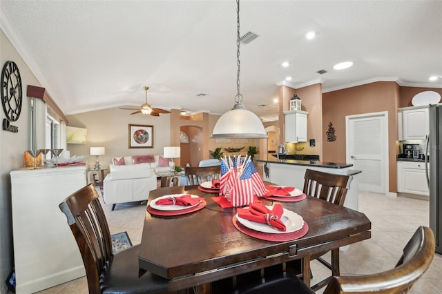 17108 SE 76th Creekside Cir, The Villages, FL 32162 - dining space featuring crown molding, lofted ceiling, a ceiling fan, light tile patterned floors, and recessed lighting