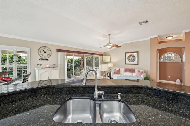 17108 SE 76th Creekside Cir, The Villages, FL 32162 - kitchen featuring a sink, crown molding, open floor plan, vaulted ceiling, and a textured ceiling