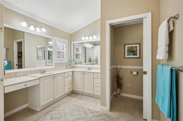 17108 SE 76th Creekside Cir, The Villages, FL 32162 - full bath with tile patterned flooring, double vanity, vaulted ceiling, a textured ceiling, and crown molding