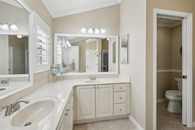 17108 SE 76th Creekside Cir, The Villages, FL 32162 - full bath featuring double vanity, ornamental molding, toilet, tile patterned floors, and baseboards