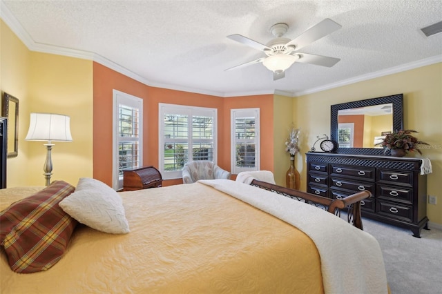 17108 SE 76th Creekside Cir, The Villages, FL 32162 - carpeted bedroom featuring a textured ceiling, crown molding, and a ceiling fan