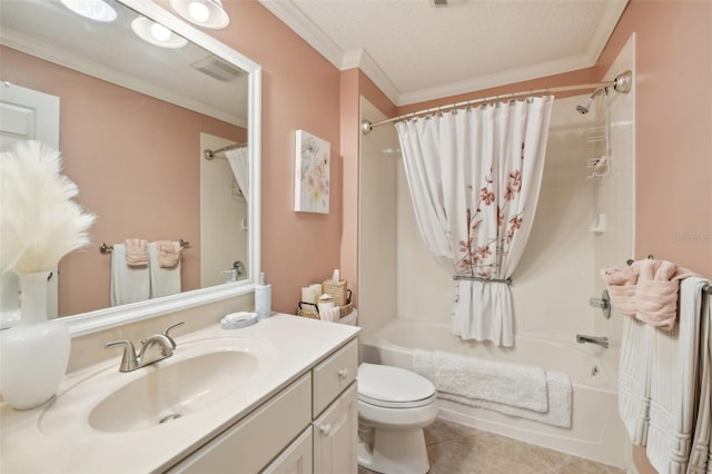 17108 SE 76th Creekside Cir, The Villages, FL 32162 - full bathroom featuring shower / bathtub combination with curtain, vanity, ornamental molding, tile patterned floors, and toilet