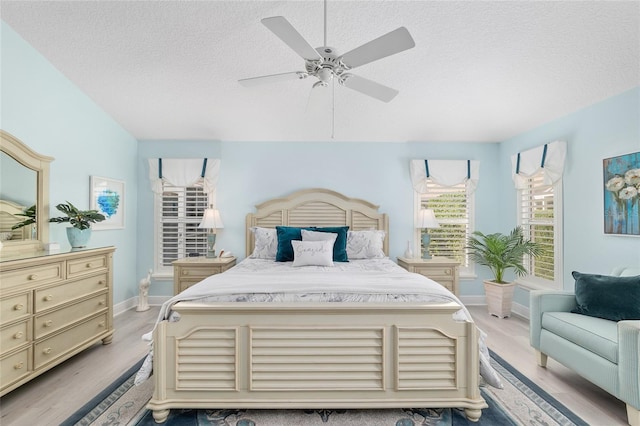 1521 Southport St, The Villages, FL 32162 - bedroom with light wood-style flooring, a textured ceiling, a ceiling fan, and baseboards