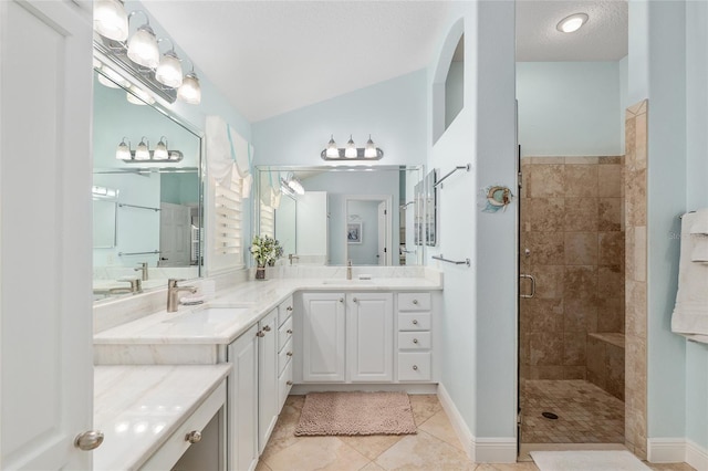1521 Southport St, The Villages, FL 32162 - full bath featuring a shower stall, vanity, tile patterned flooring, and lofted ceiling