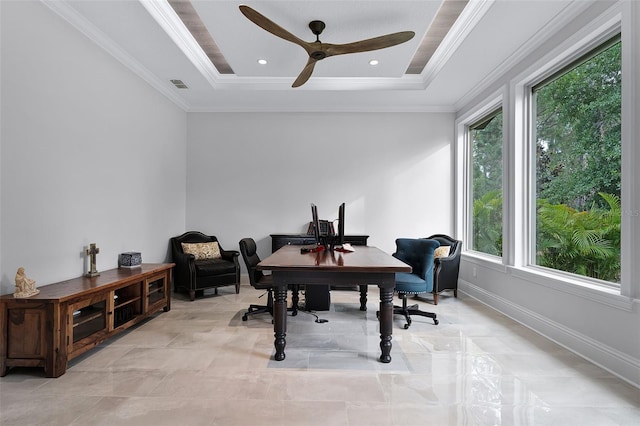 10122 Royal Island Ct, Orlando, FL 32836 - office area with a tray ceiling, a ceiling fan, crown molding, recessed lighting, and baseboards