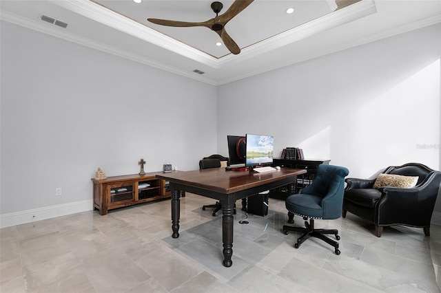 10122 Royal Island Ct, Orlando, FL 32836 - office space featuring crown molding, ceiling fan, a raised ceiling, recessed lighting, and baseboards