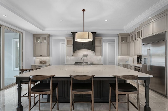 10122 Royal Island Ct, Orlando, FL 32836 - kitchen featuring stainless steel appliances, backsplash, a sink, glass insert cabinets, and recessed lighting