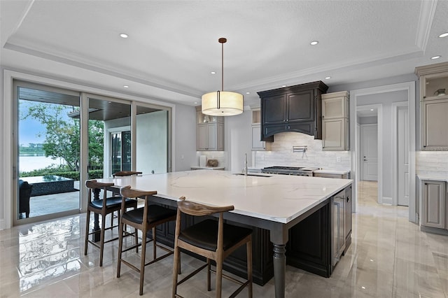 10122 Royal Island Ct, Orlando, FL 32836 - kitchen featuring tasteful backsplash, a sink, a large island, recessed lighting, and a raised ceiling