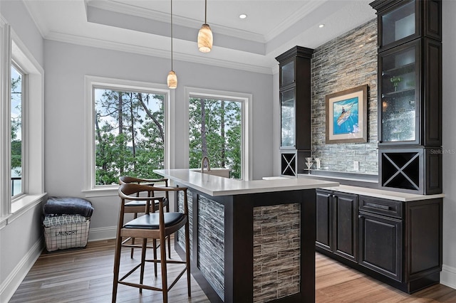 10122 Royal Island Ct, Orlando, FL 32836 - bar area with healthy amount of natural light, light wood-type flooring, decorative light fixtures, and ornamental molding