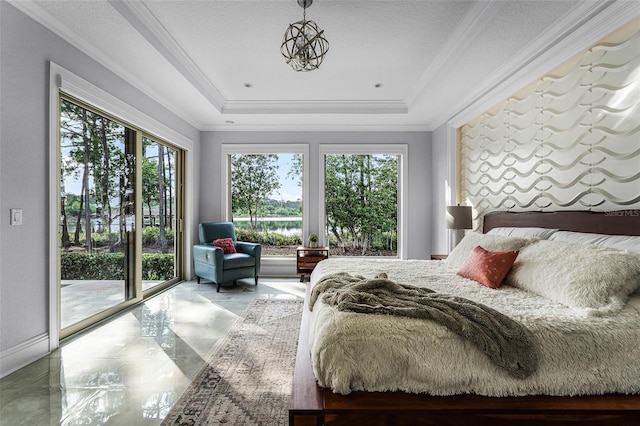 10122 Royal Island Ct, Orlando, FL 32836 - bedroom with access to exterior, a tray ceiling, ornamental molding, and a water view