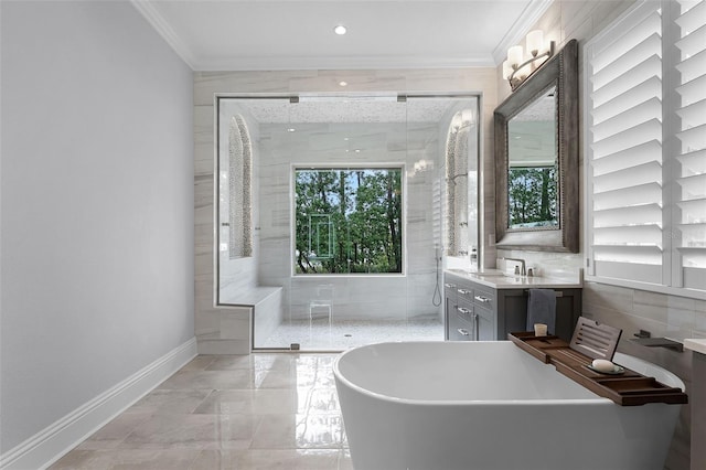 10122 Royal Island Ct, Orlando, FL 32836 - bathroom featuring ornamental molding, baseboards, a stall shower, a soaking tub, and vanity
