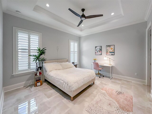10122 Royal Island Ct, Orlando, FL 32836 - bedroom featuring a raised ceiling, multiple windows, an office area, recessed lighting, and ornamental molding