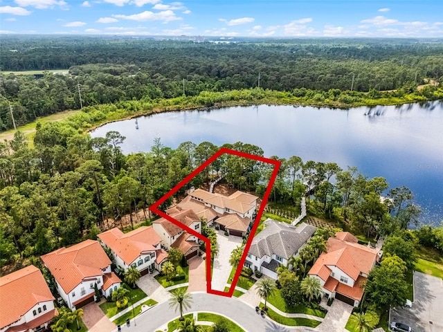 10122 Royal Island Ct, Orlando, FL 32836 - aerial view of residential area featuring a forest, property parcel outlined, and a large body of water