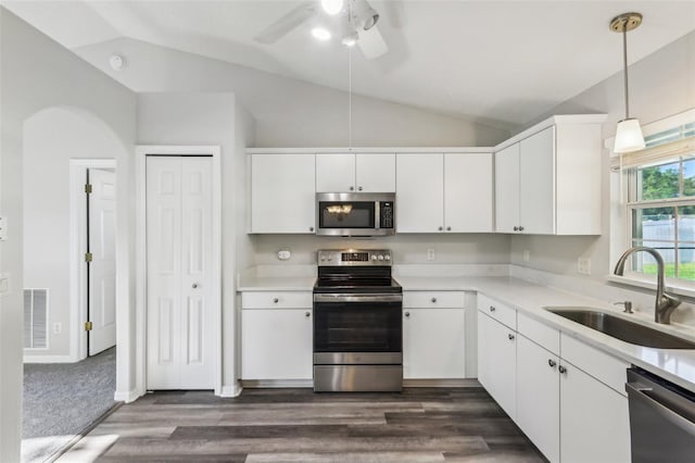 508 Woodview Dr, Tavares, FL 32778 - kitchen featuring appliances with stainless steel finishes, a sink, vaulted ceiling, a ceiling fan, and light countertops