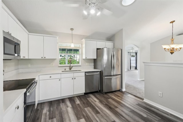 508 Woodview Dr, Tavares, FL 32778 - kitchen with appliances with stainless steel finishes, a sink, a ceiling fan, plenty of natural light, and vaulted ceiling