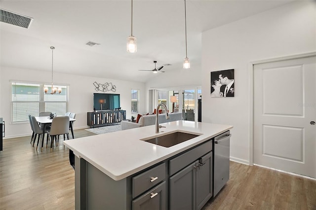 1627 Mclucas Ln, The Villages, FL 34762 - kitchen with a sink, gray cabinets, dishwasher, light wood-style floors, and light countertops
