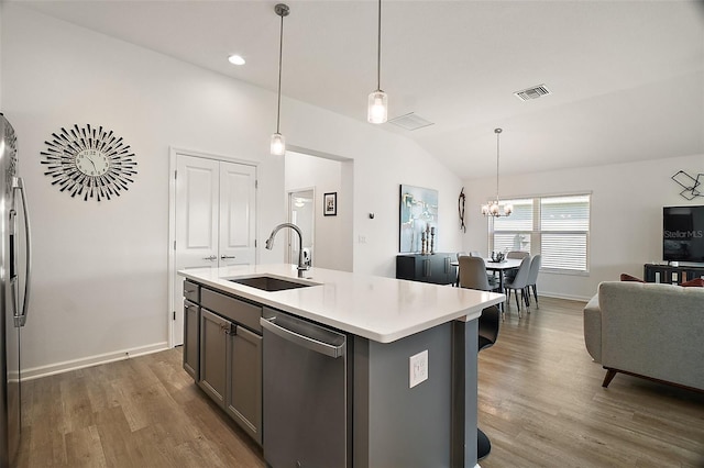 1627 Mclucas Ln, The Villages, FL 34762 - kitchen featuring a sink, stainless steel dishwasher, lofted ceiling, gray cabinets, and wood finished floors