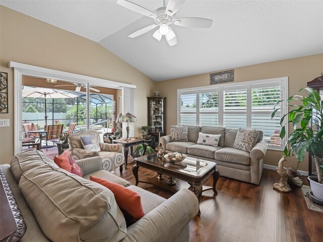 2998 Kramer Ct, The Villages, FL 32163 - living room featuring a ceiling fan, lofted ceiling, wood finished floors, and a sunroom