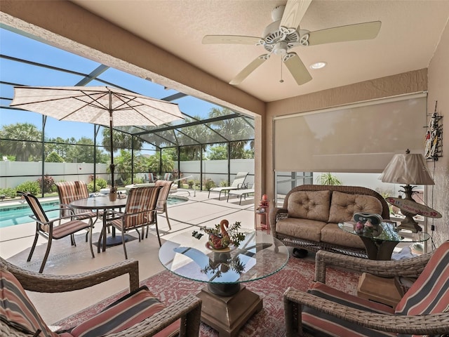 2998 Kramer Ct, The Villages, FL 32163 - sunroom / solarium featuring an outdoor hangout area and a ceiling fan