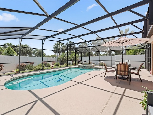 2998 Kramer Ct, The Villages, FL 32163 - view of swimming pool with a patio area, a fenced backyard, a pool with connected hot tub, and a lanai